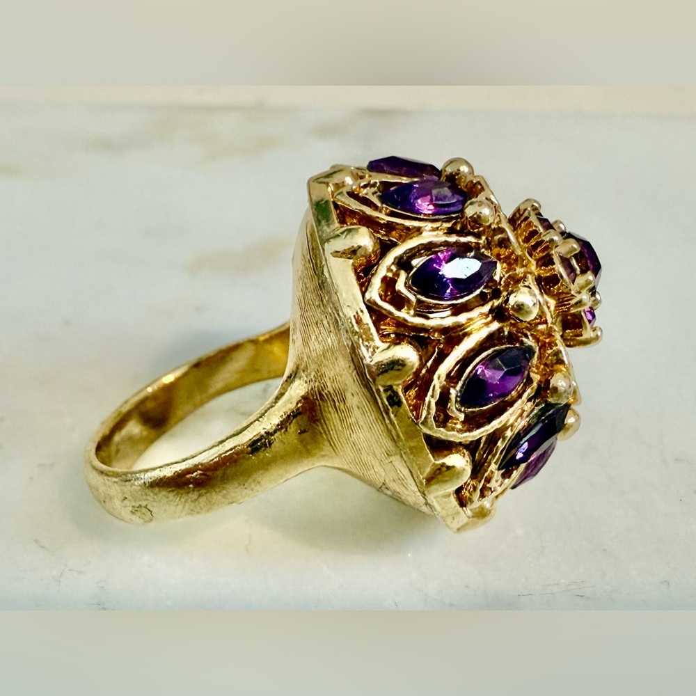 Gold-Tone Floral Statement Ring with Purple Stones Large Dome